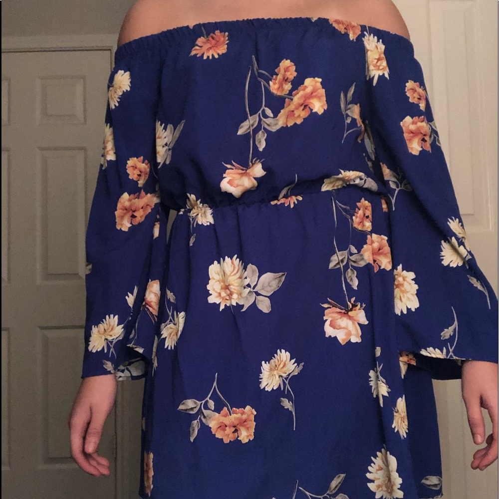 Blue strapless bell sleeved dress